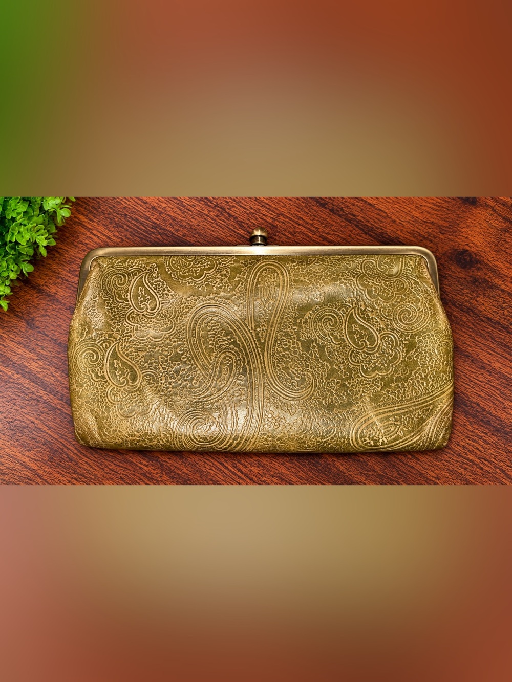 HOBO International Vintage Paisley Embossed Leather Frame Clutch Wallet- Olive